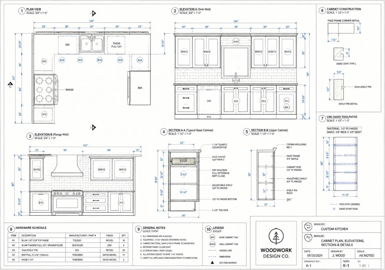 Technical kitchen blueprint used for cabinet shop drawing production