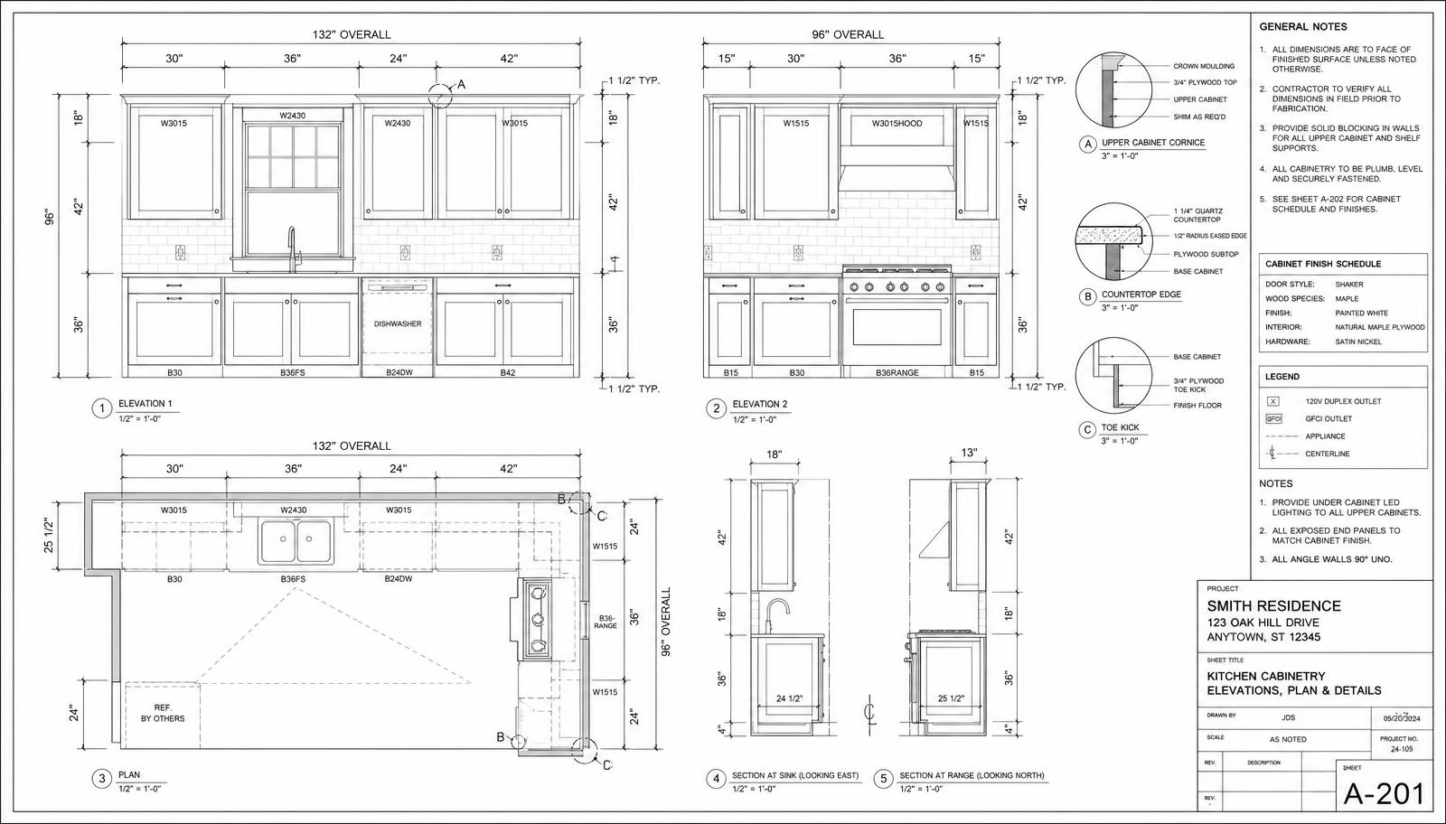 Technical 2D CAD construction document with cabinet elevations, plan view, sections and dimension callouts
