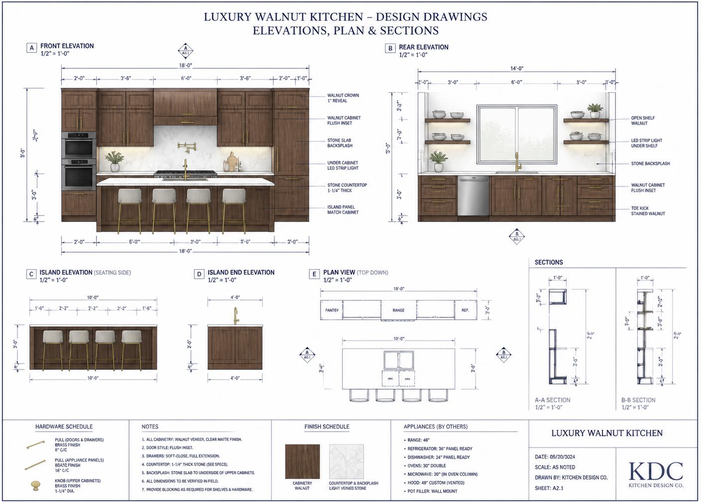 Walnut Chef's Kitchen — blueprint shop drawing