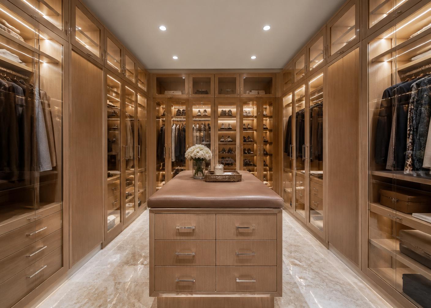 Primary Suite Walk-In Closet — finished custom cabinetry installed on site