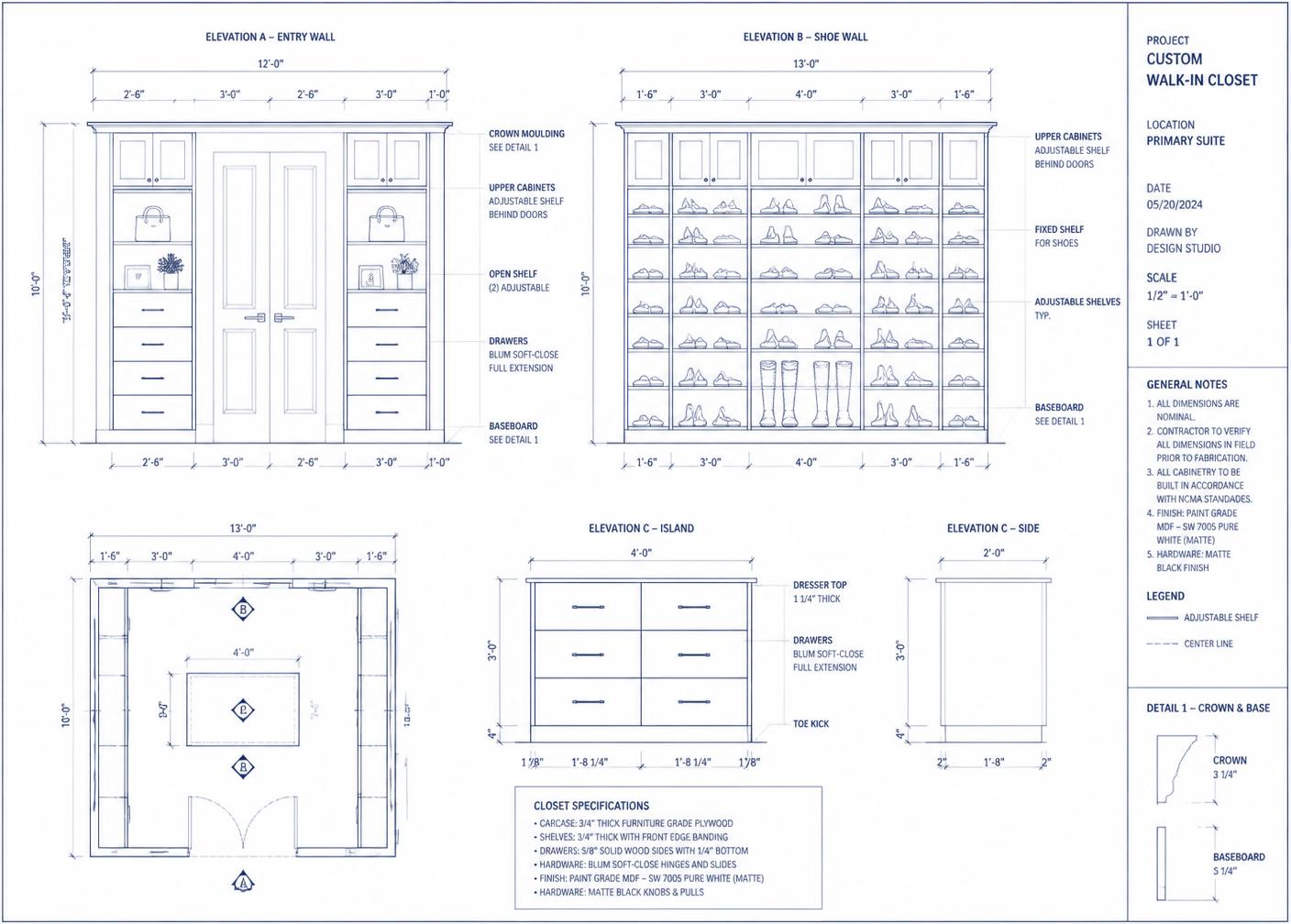 Primary Suite Walk-In Closet — blueprint shop drawing