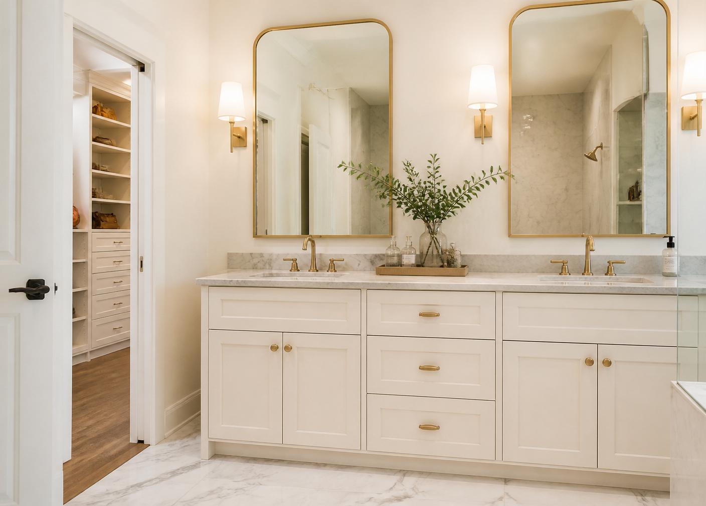 Double-Vanity Master Bath — finished custom cabinetry installed on site