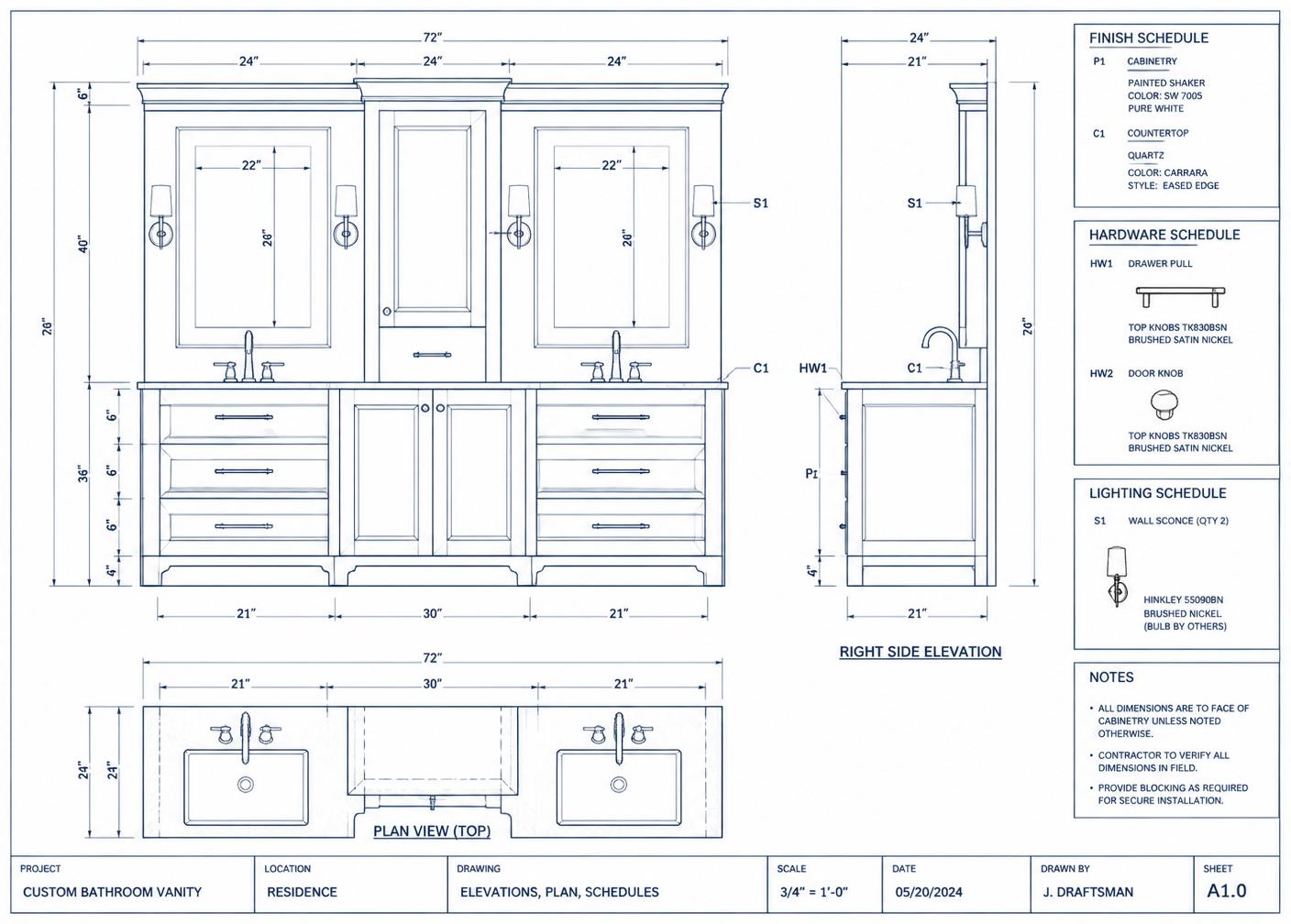 Double-Vanity Master Bath — blueprint shop drawing
