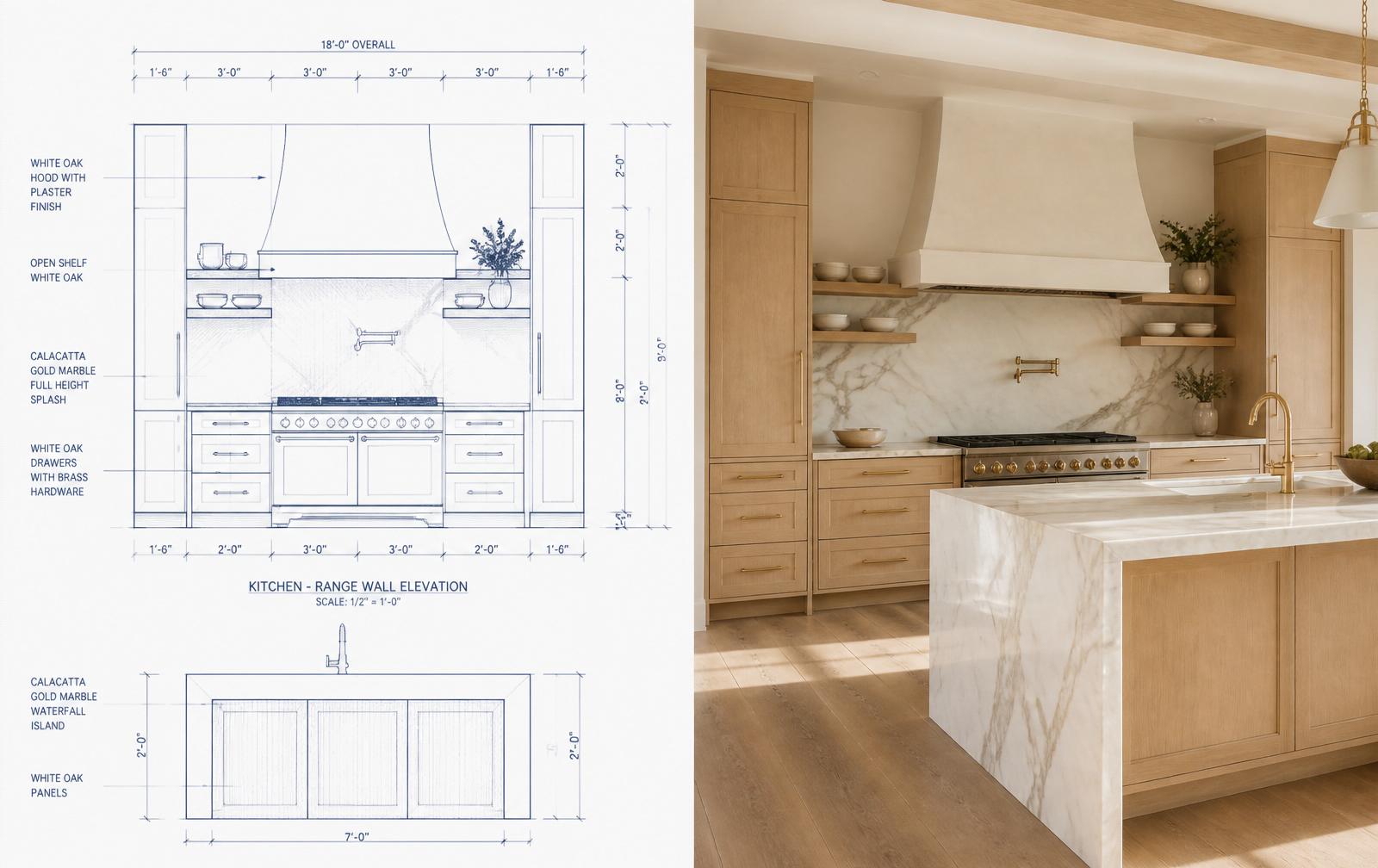 Luxury kitchen blueprint overlaid with millwork elevations