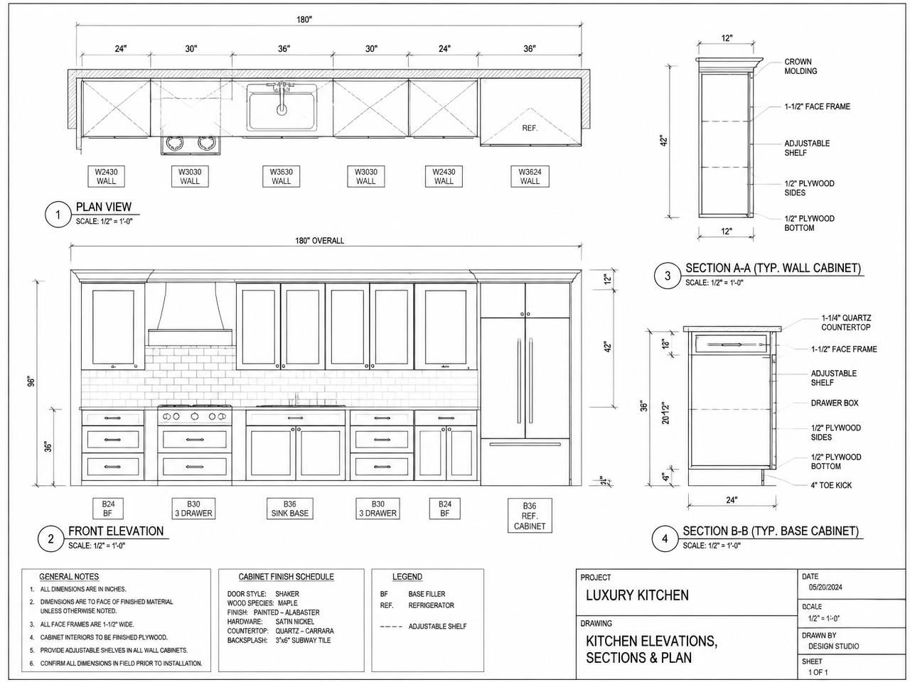 Detailed 2D shop drawing elevation of custom cabinetry