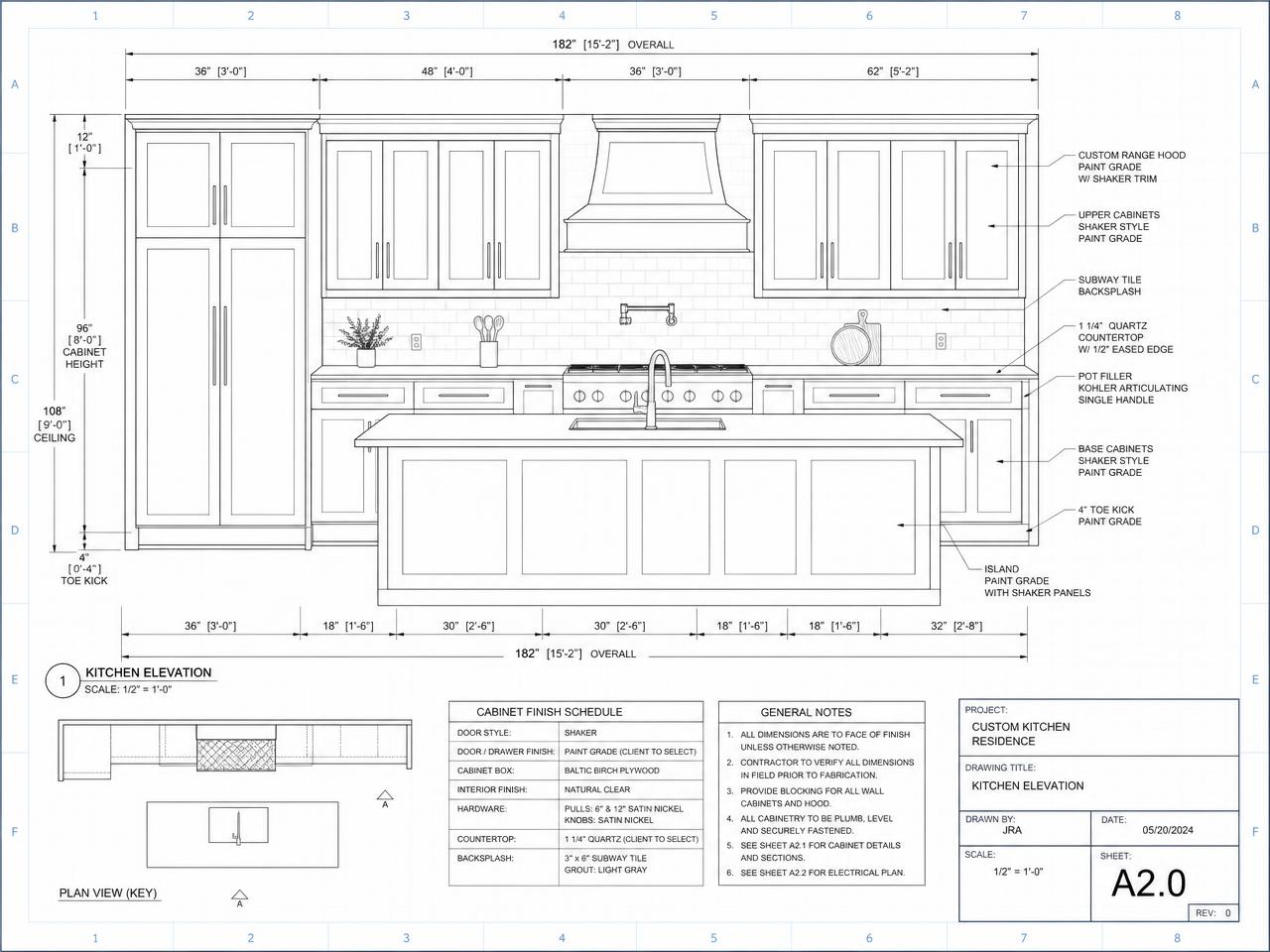 Dimensioned shop drawing elevation of a custom kitchen with pantry, range hood and island