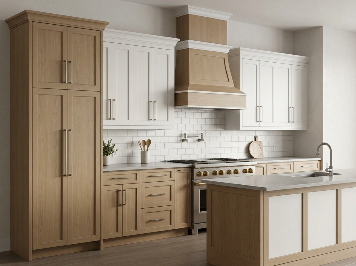 Photoreal 3D render of the same custom kitchen in white oak and paint grade