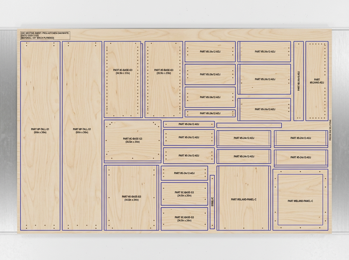 Nested CNC cut sheet of the same kitchen's cabinet parts on birch plywood